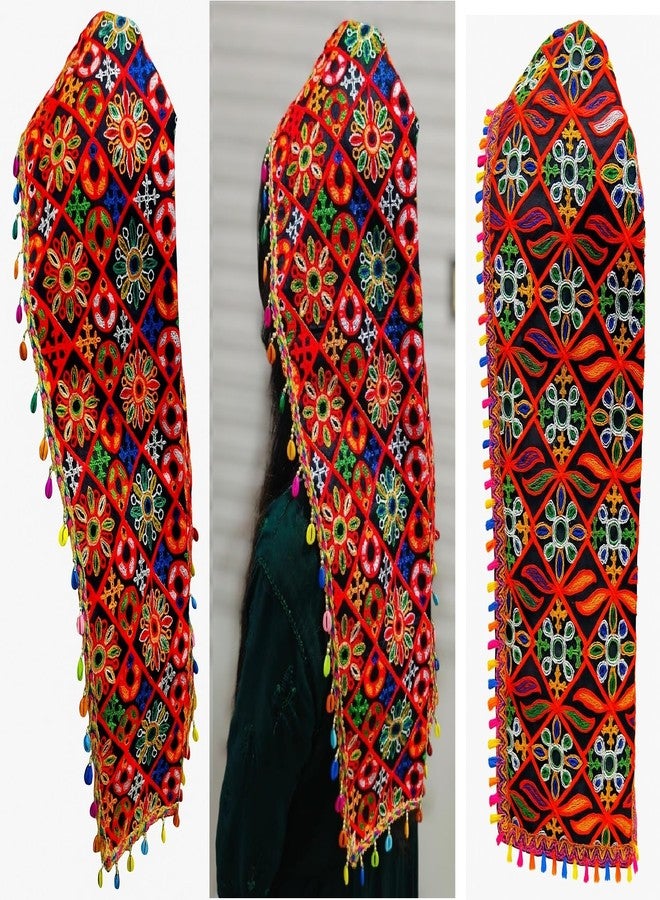 Doorbag غطاء رأس طويل متعدد الألوان لغاربا دانديا من نافراتري مزين بدانتيل كوتشي، وشرابة بوم بوم، وشرابة كودي الصدفية - غطاء رأس تقليدي فاخر للنساء والفتيات (شرابة كودي أو فومكا عشوائية، غطاء رأس طويل بقاعدة سوداء) - Image 1